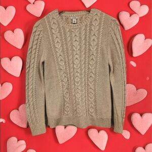 NWOT L.L. Bean Women's 100% Cotton Cable Knit Fisherman Tan Crewneck Sweater-M